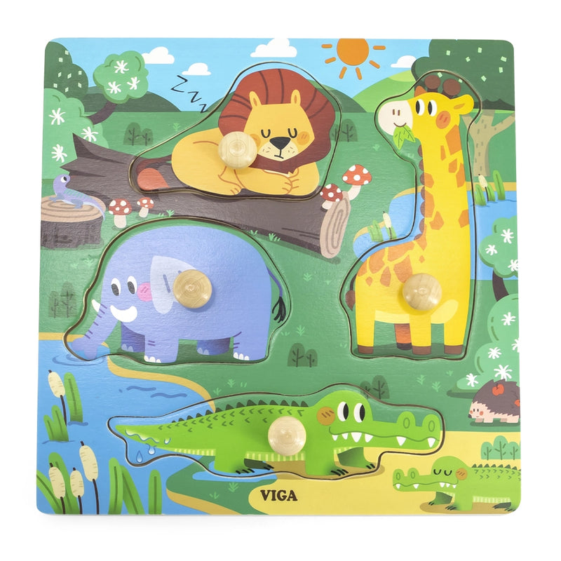 Viga Toys Puzzle en Bois à Boutons 12M+ - Animaux Sauvage