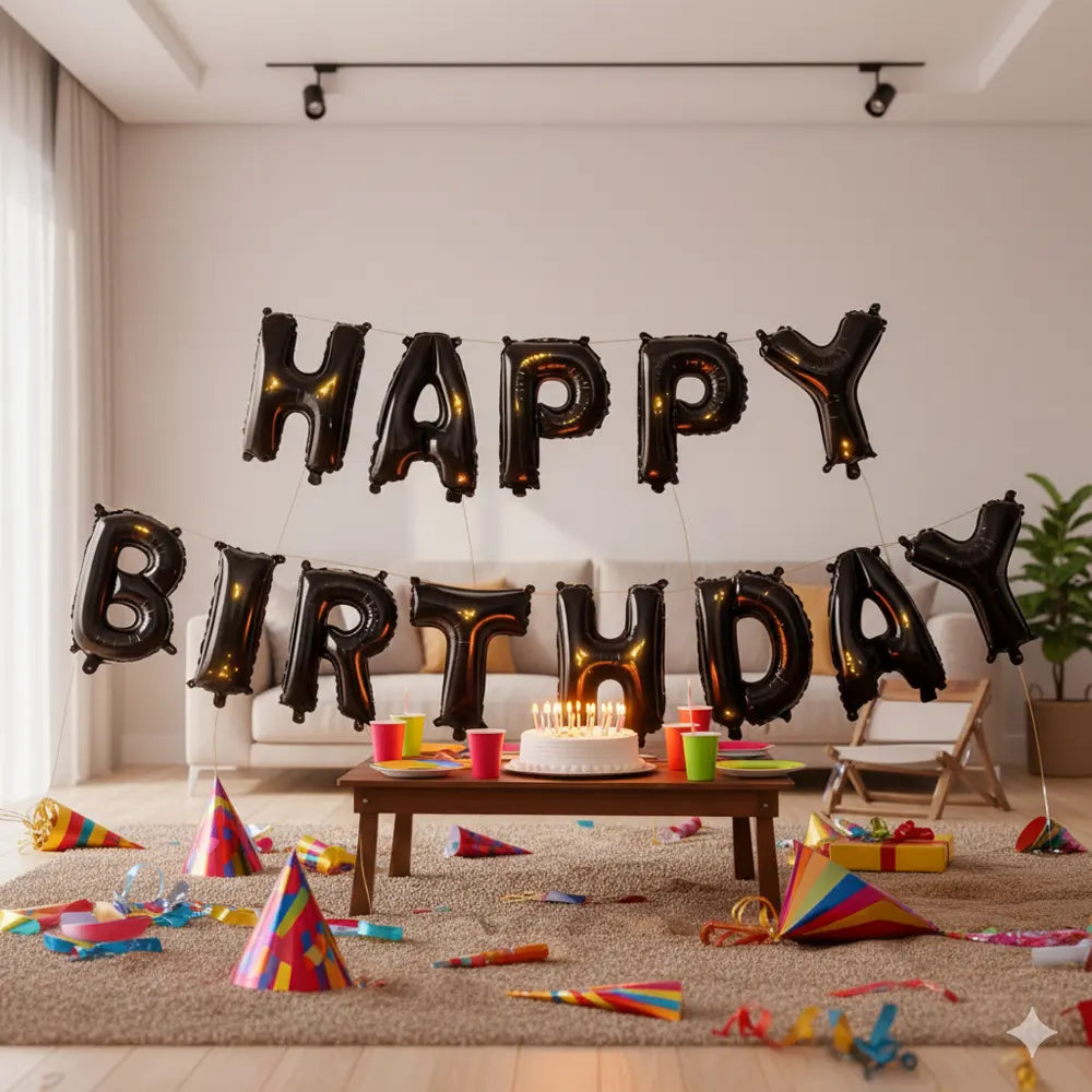 Kit Ballons Aluminium Noir HAPPY BIRTHDAY – 40cm