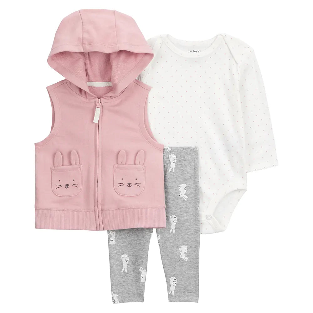 Ensemble 3 pièces bébé avec gilet motif lapin