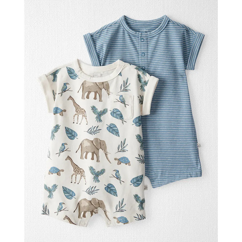 Lot de 2 Barboteuses en Coton Bio Bébé Little Planet - Bleu & Safari