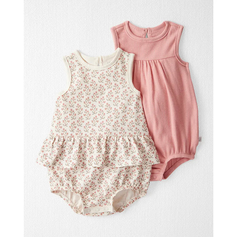 Lot de 2 Barboteuses en Coton Bio Bébé Fille Little Planet - Fleurs & Rose
