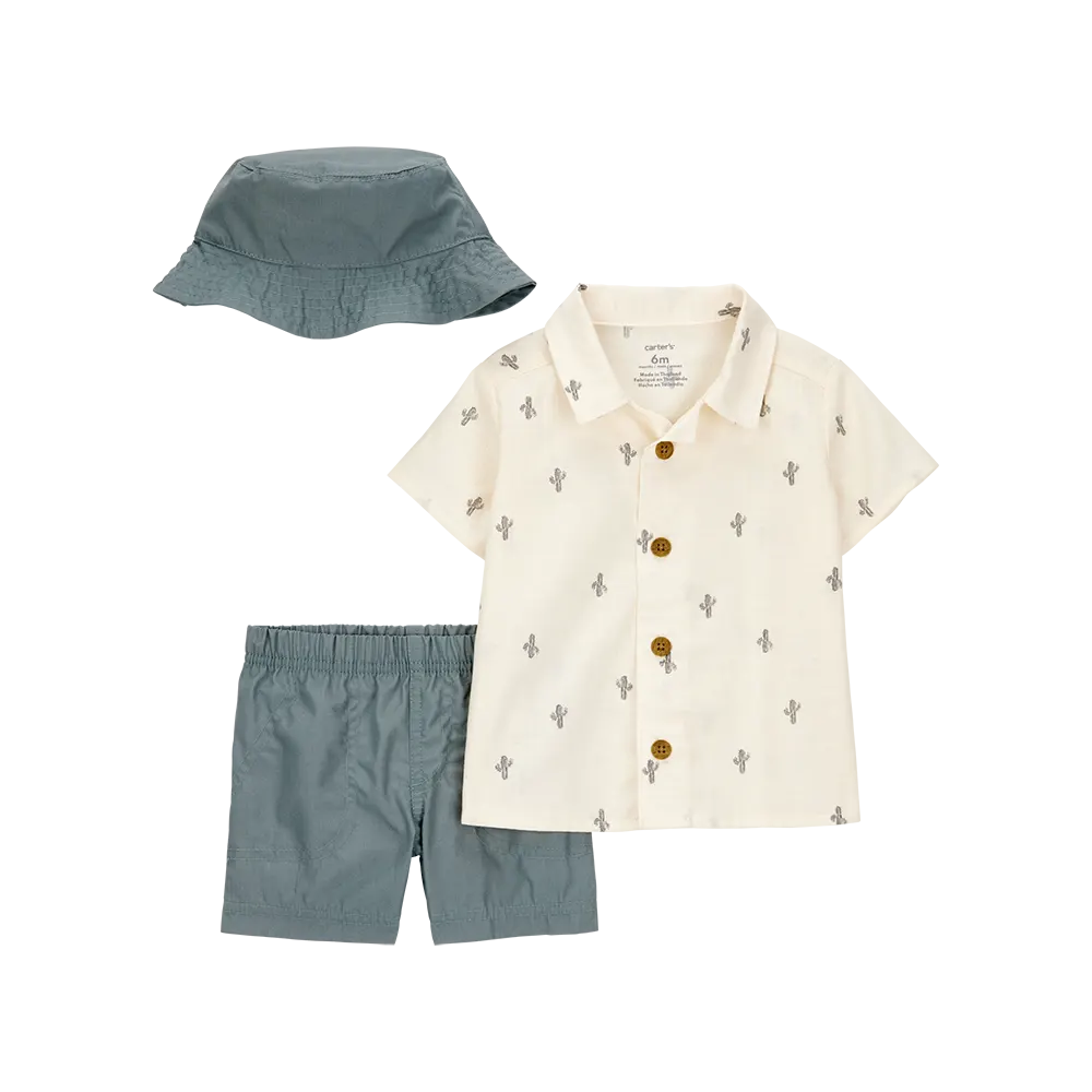 Ensemble 3 pièces short et chapeau cactus bébé garçon