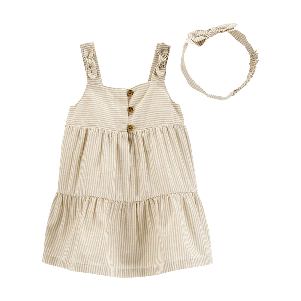Robe rayée en coton avec bandeau bébé fille