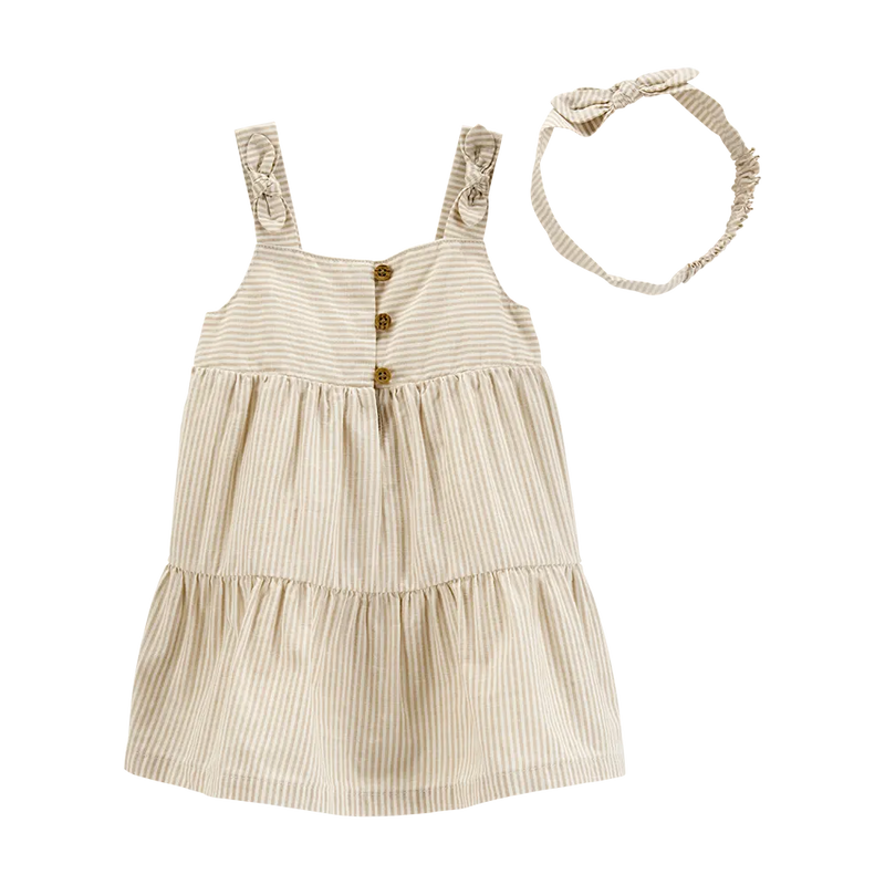 Carter's Baby Girl Cotton Striped Dress with Headband - Beige