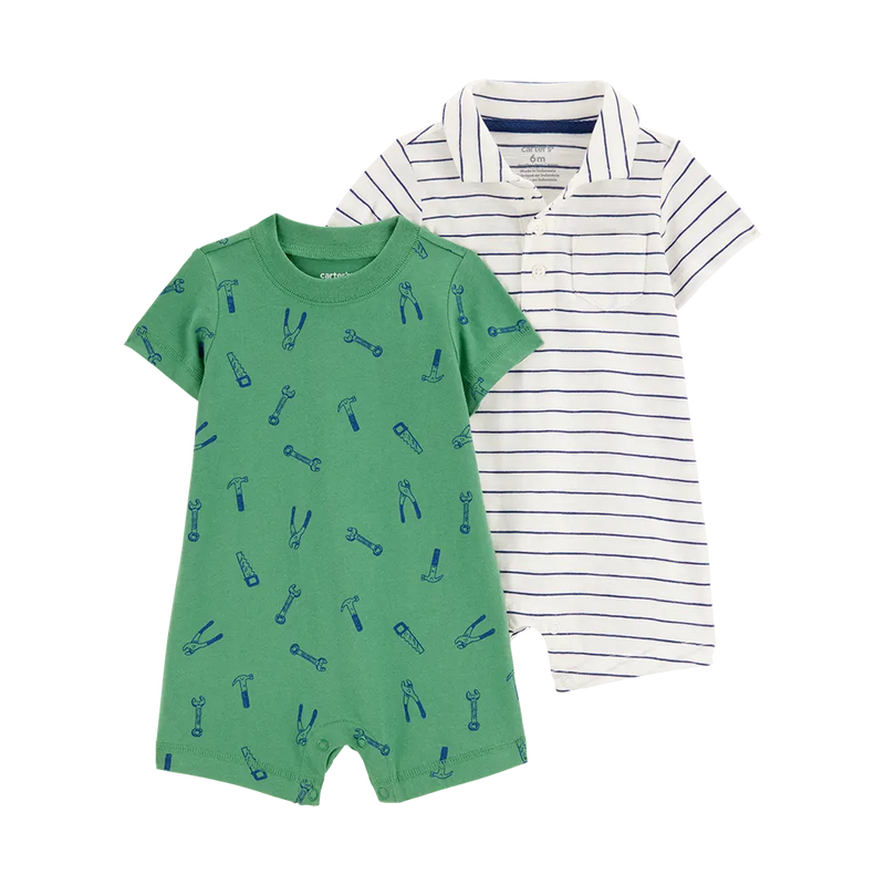 Lot de 2 Barboteuses en Coton Bébé Garçon Carter's - Vert & Blanc Bleu