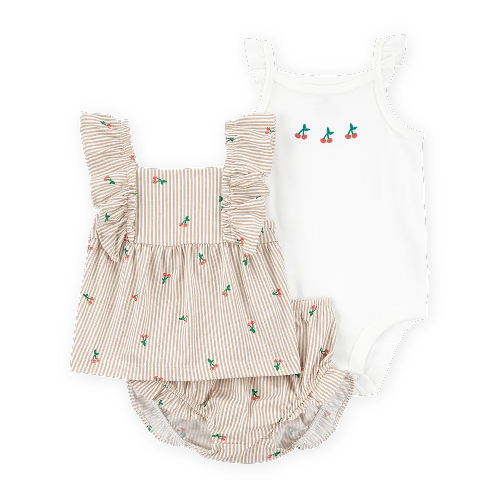 Ensemble 3 pièces cerise et rayures bébé fille