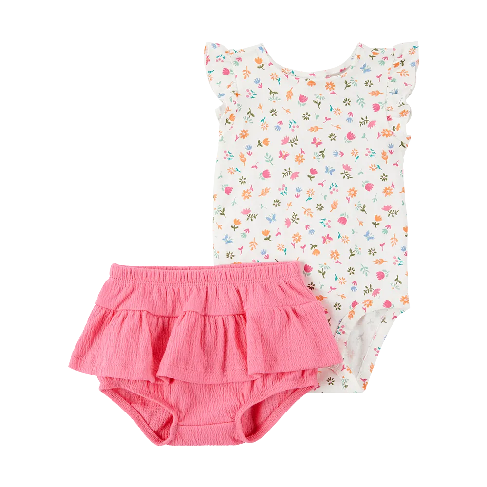 Ensemble body fleuri et cache-couche bébé fille