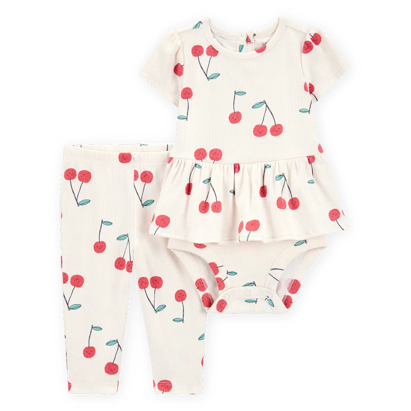 Ensemble body péplum et pantalon cerise bébé fille