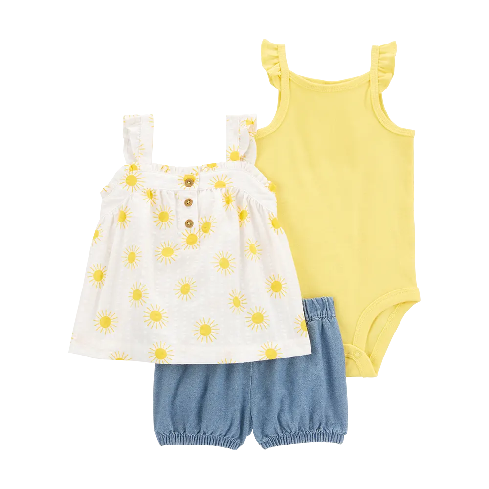 Ensemble 3 pièces pour bébé fille - Jaune/Chambray