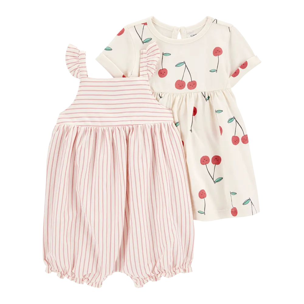 Lot 2 pièces robe cerise et barboteuse rayée fille
