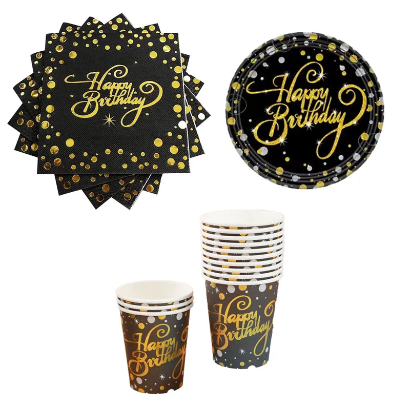 Paquete de 10 servilletas, platos y vasos - Negro y dorado