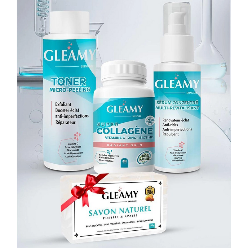 Gleamy Routine Peau Complete Toner 100ml + Collagène Boite de 30 Gélules + Serum 50ml = Savon Offert