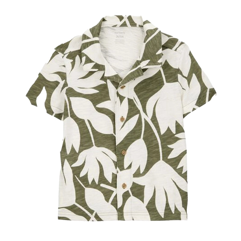 Camisa de Manga Corta de Algodón para Niño Carter's - Tropical Oliva y Blanco