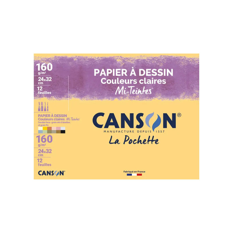 Canson Block de 12 hojas de papel de dibujo colores claros A4 – 160 g/m²