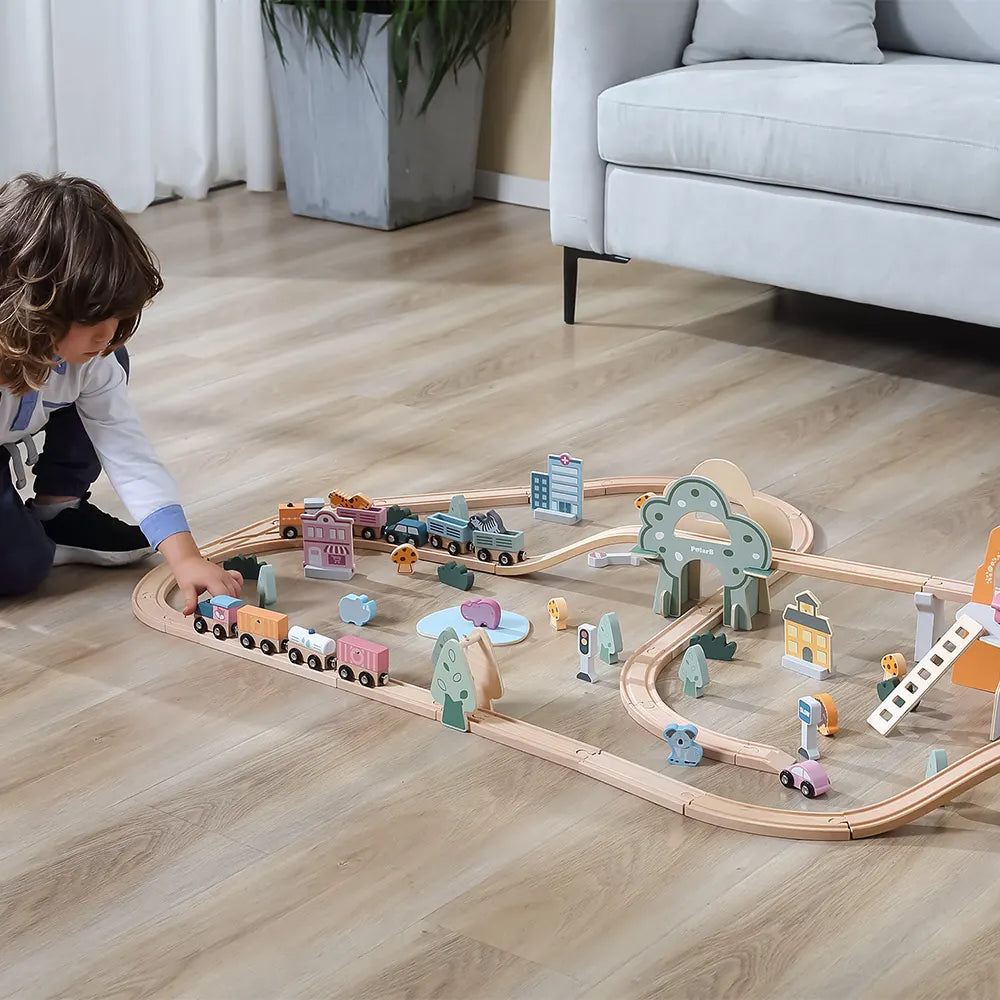 Viga Toys PolarB Circuit de Train en Bois 92 Pièces 3A+