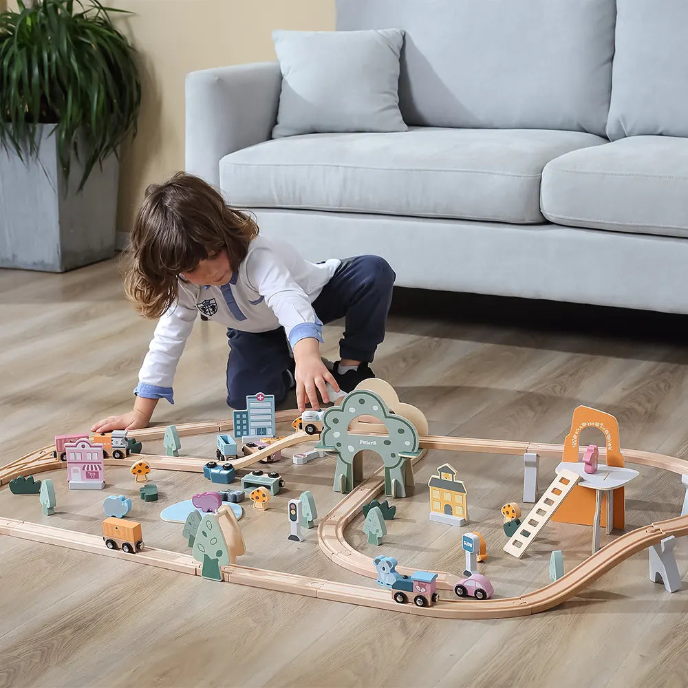 Viga Toys PolarB Circuit de Train en Bois 92 Pièces 3A+