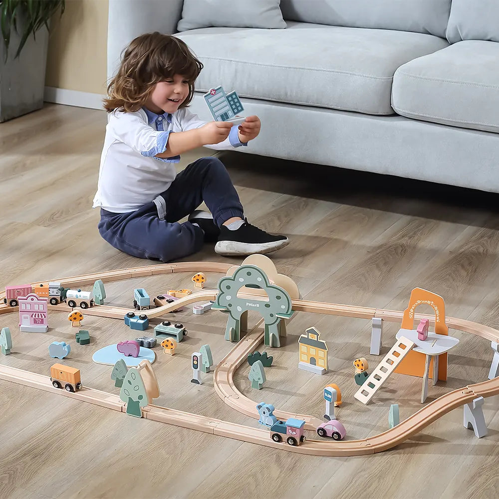 Viga Toys PolarB Circuit de Train en Bois 92 Pièces 3A+