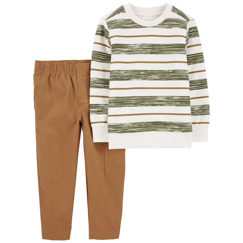 Conjunto infantil de 2 piezas: camiseta de rizo de rayas y pantalón de lona
