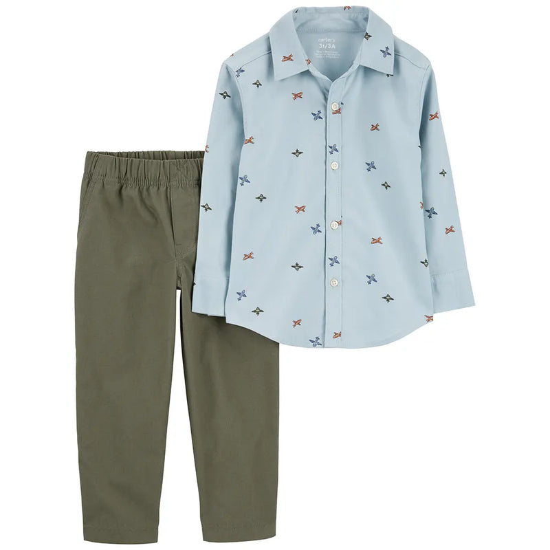 Conjunto infantil de 2 piezas: camisa abotonada estampado aviones y pantalón