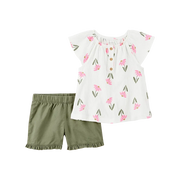 Ensemble haut fleuri et short fille - Vert