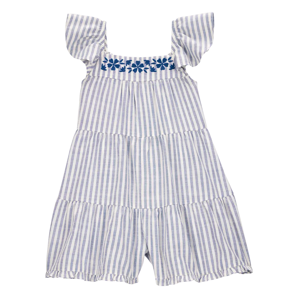 Barboteuse rayée imitation lin manches papillon fille