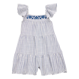 Barboteuse rayée imitation lin manches papillon fille