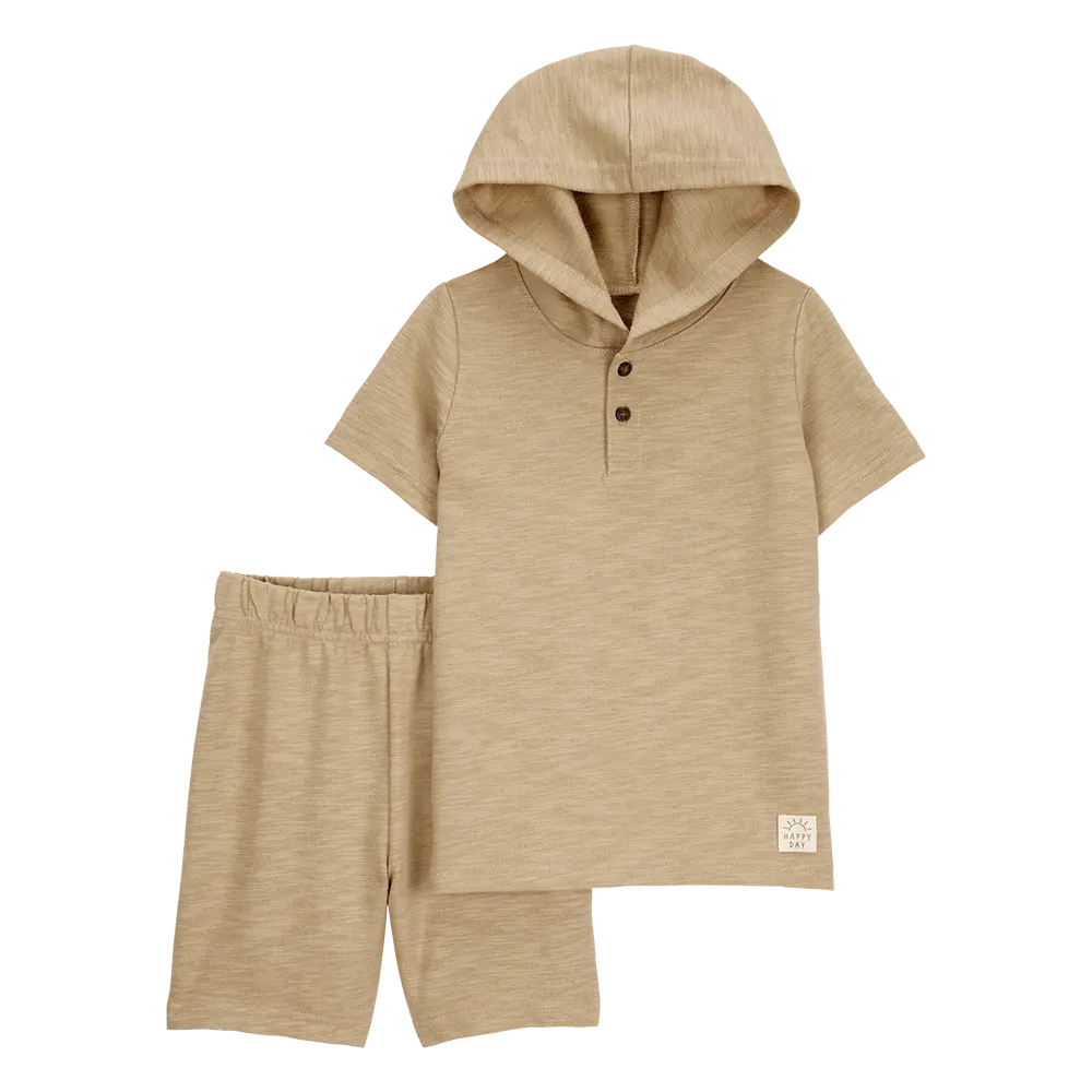 Ensemble Henley à capuche et short garçon - Beige