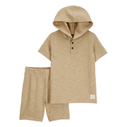 Ensemble Henley à capuche et short garçon - Beige