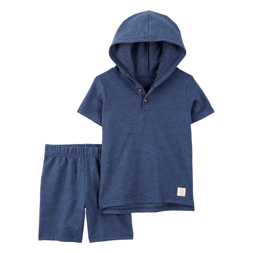 Ensemble Henley à capuche et short garçon - Bleu