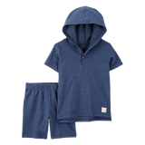 Ensemble Henley à capuche et short garçon - Bleu