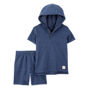 Ensemble Henley à capuche et short garçon - Bleu