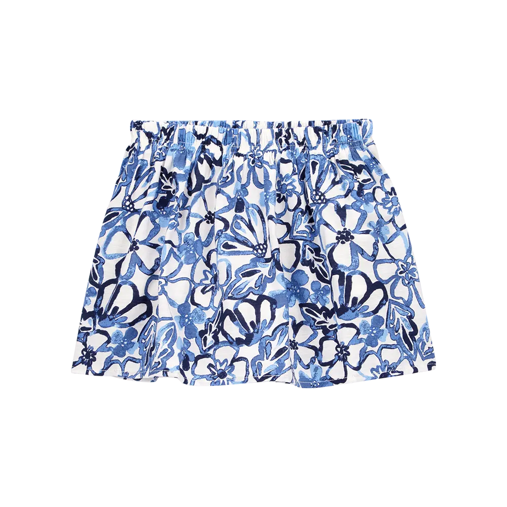 Jupe-short imitation lin florale à enfiler - Bleu
