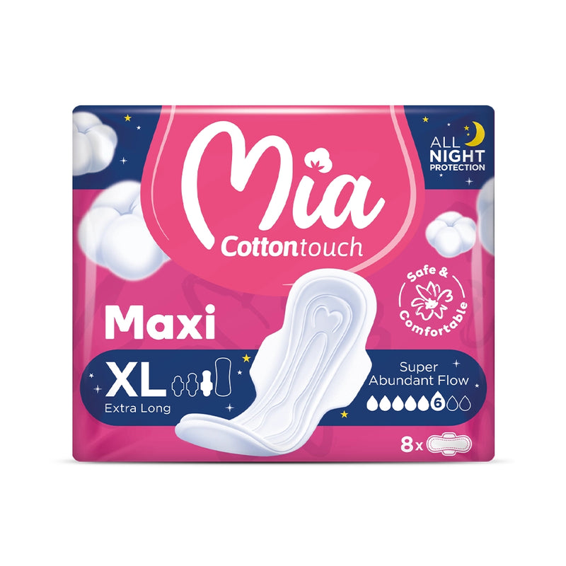 Mia Cotton Touch Serviette Hygiénique Maxi Extra Long XL Nuit - 8 Unités