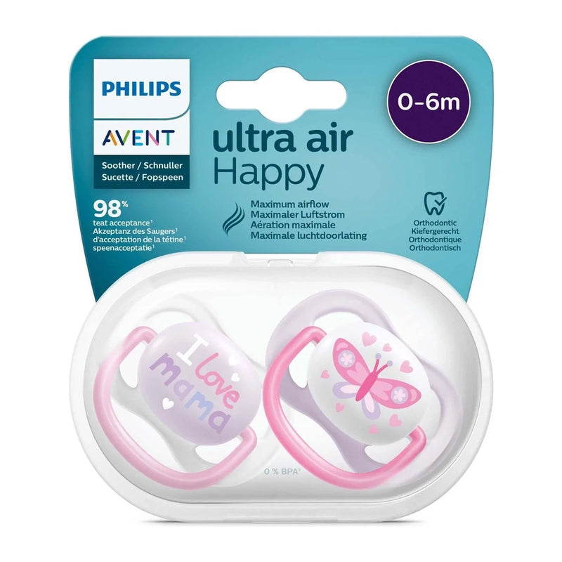 Avent Set of 2 Ultra Air Collection Happy Pacifiers 0-6m Girl