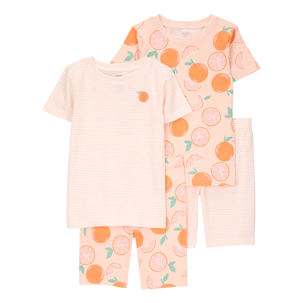 Pyjama 4 pièces orange rayé fille - Coton