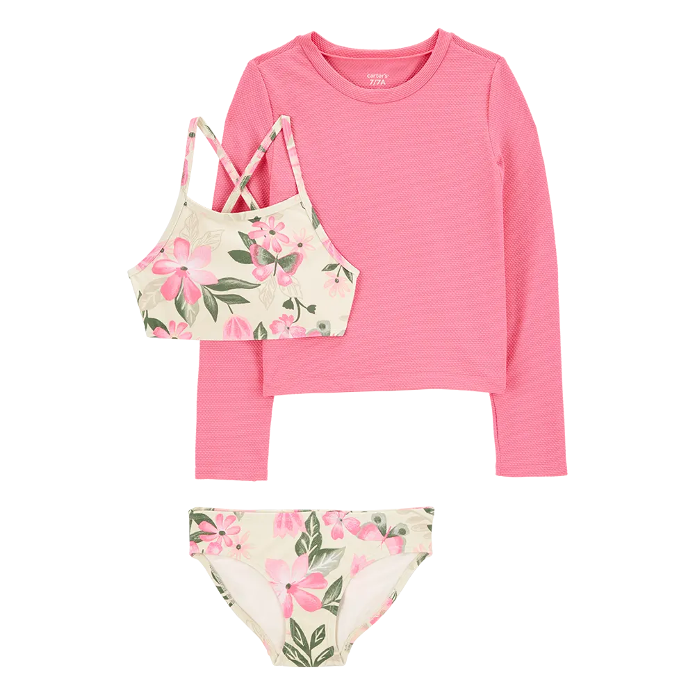 Ensemble maillot de bain anti-UV 3 pièces floral fille
