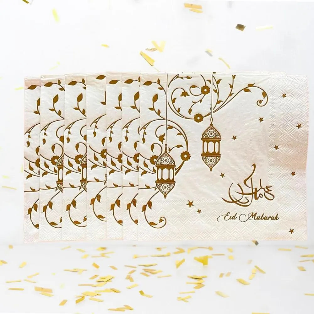 Lot de 20 Serviettes de Table pour Fête de l'Aïd 33cm - Dorée & Blanc