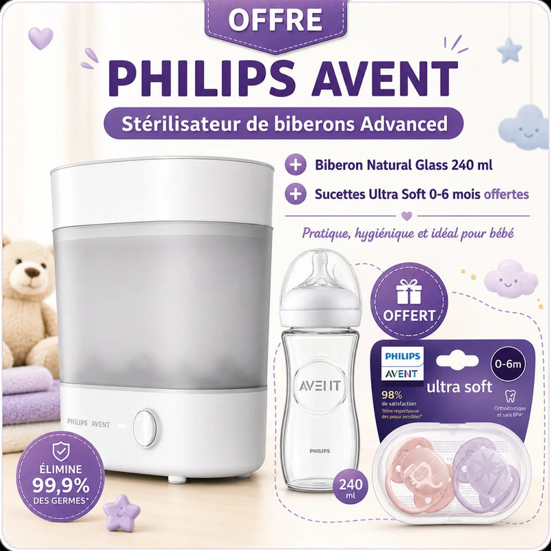 Avent Stérilisateur Electrique à Vapeur 3en1 = Biberon Verre Natural 240ml + Sucettes Ultra Soft 0-6M Offertes