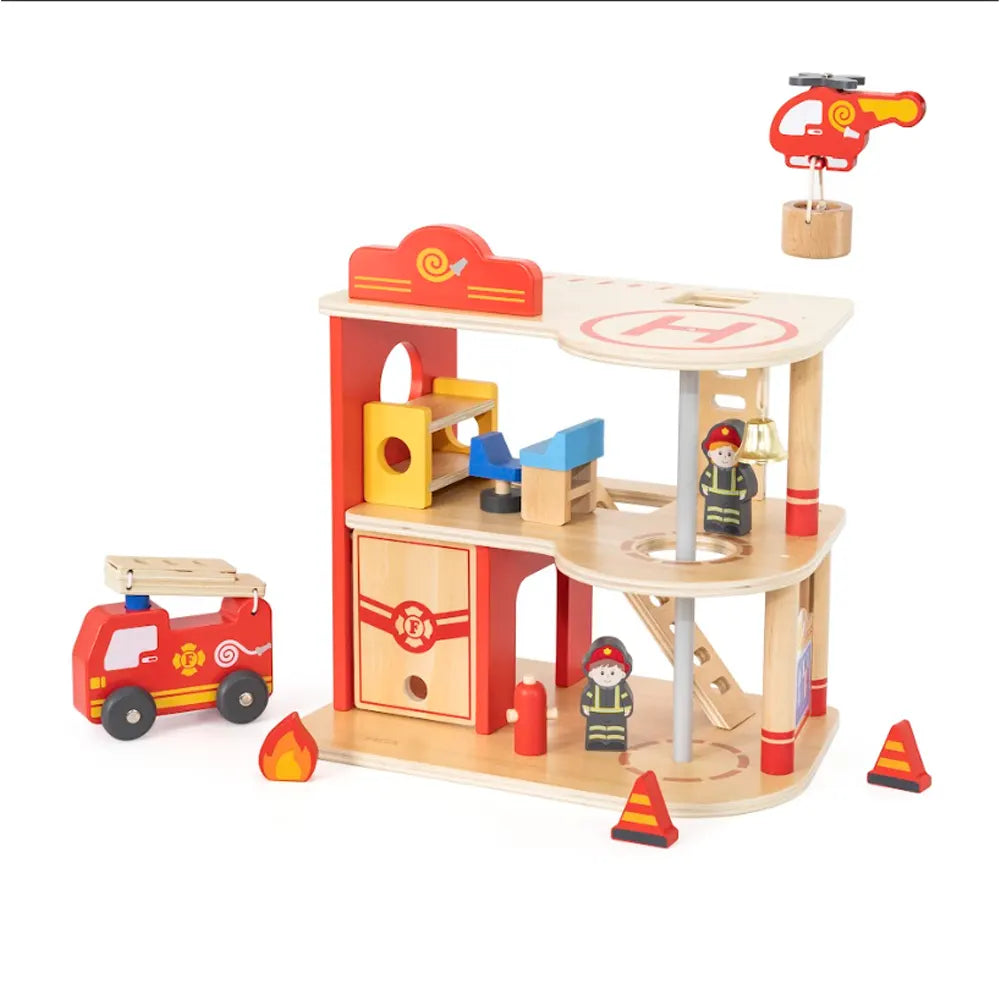 VIGA Toys Caserne de Pompiers en Bois avec Accessoires - 3A+