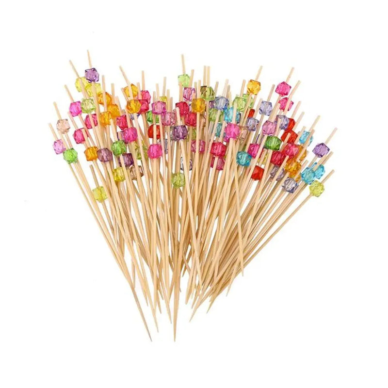 Lot de 100 Brochettes à Cocktail en Bois avec Perles - Multicolores