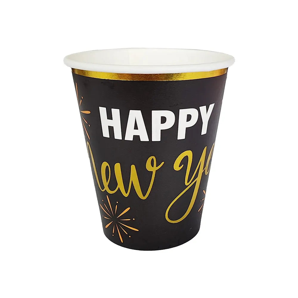 Lot de 8 gobelets papier Happy New Year doré et noir