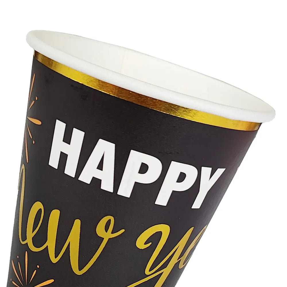 Lot de 8 gobelets papier Happy New Year doré et noir - vue 2