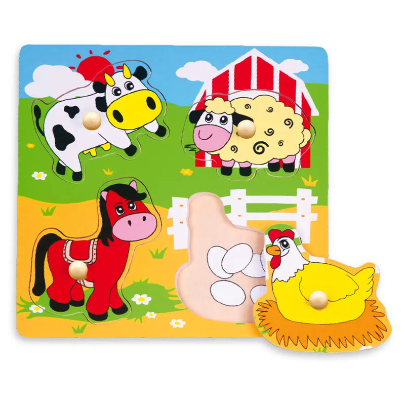 Viga Toys Puzzle Plat avec Gros Bouton en Bois la Ferme - 12M+