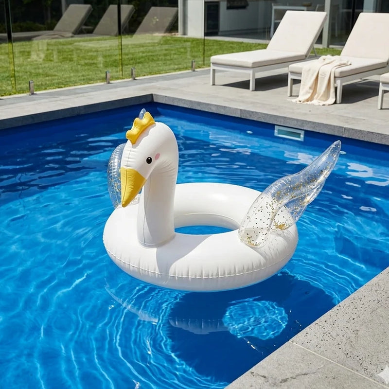 Bouée Cygne Gonflable - Ailes Paillettes Dorées