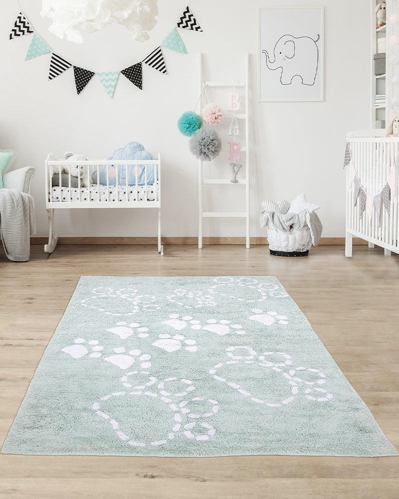 Tapis Rectangulaire Pattes 100% Bio 60x110 cm Un Amour de Tapis - Vert Eau & Blanc
