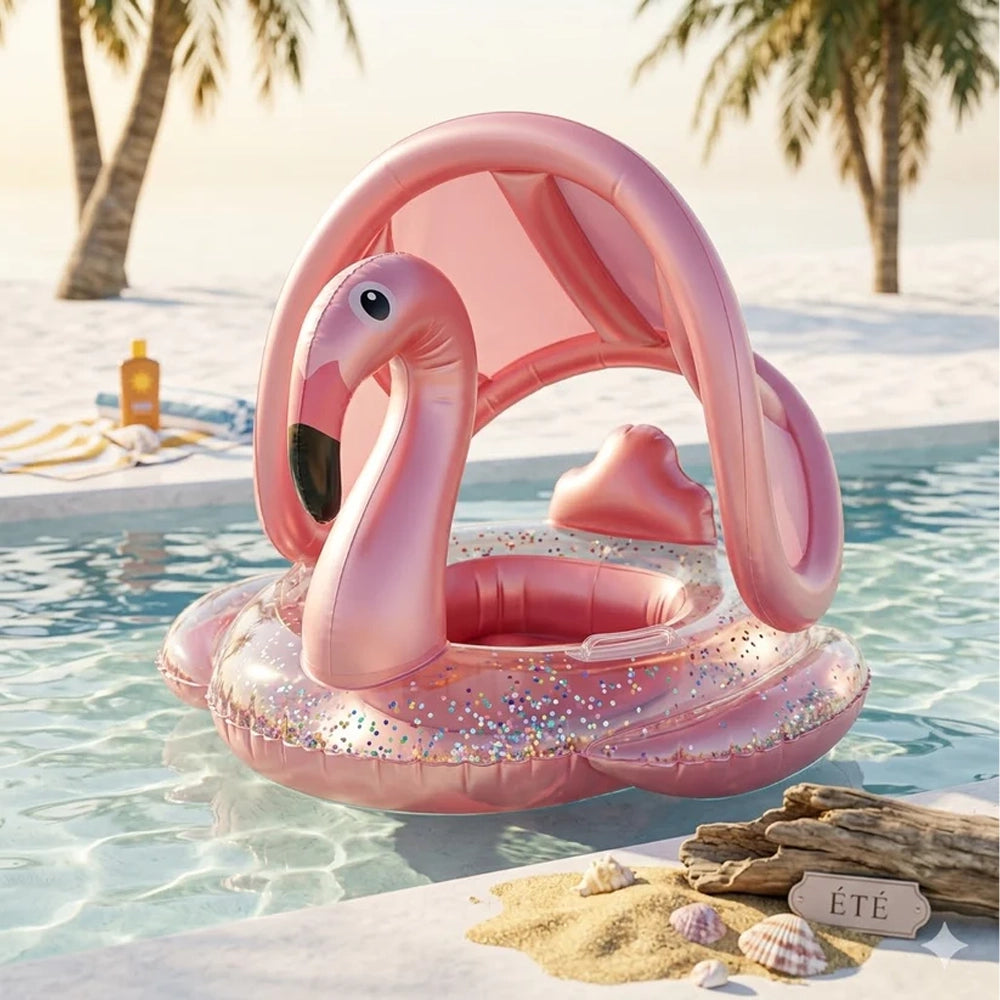 Bouée Siège Bébé avec Auvent et Paillettes - Flamant Rose