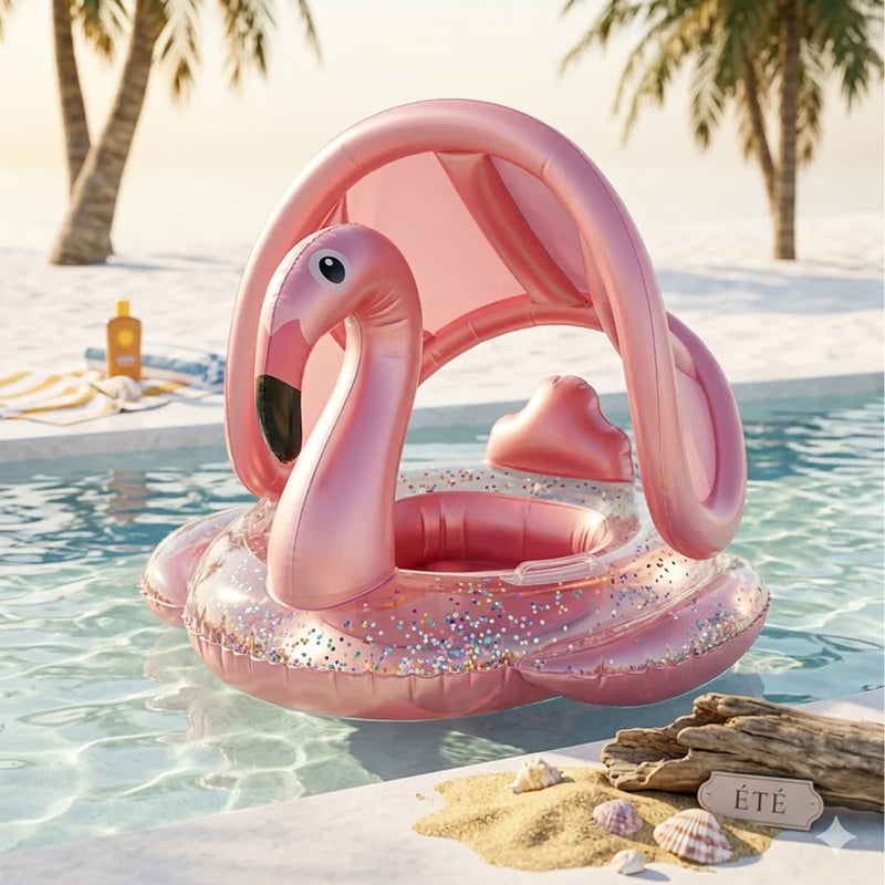Bouée Siège Bébé avec Auvent et Paillettes - Flamant Rose
