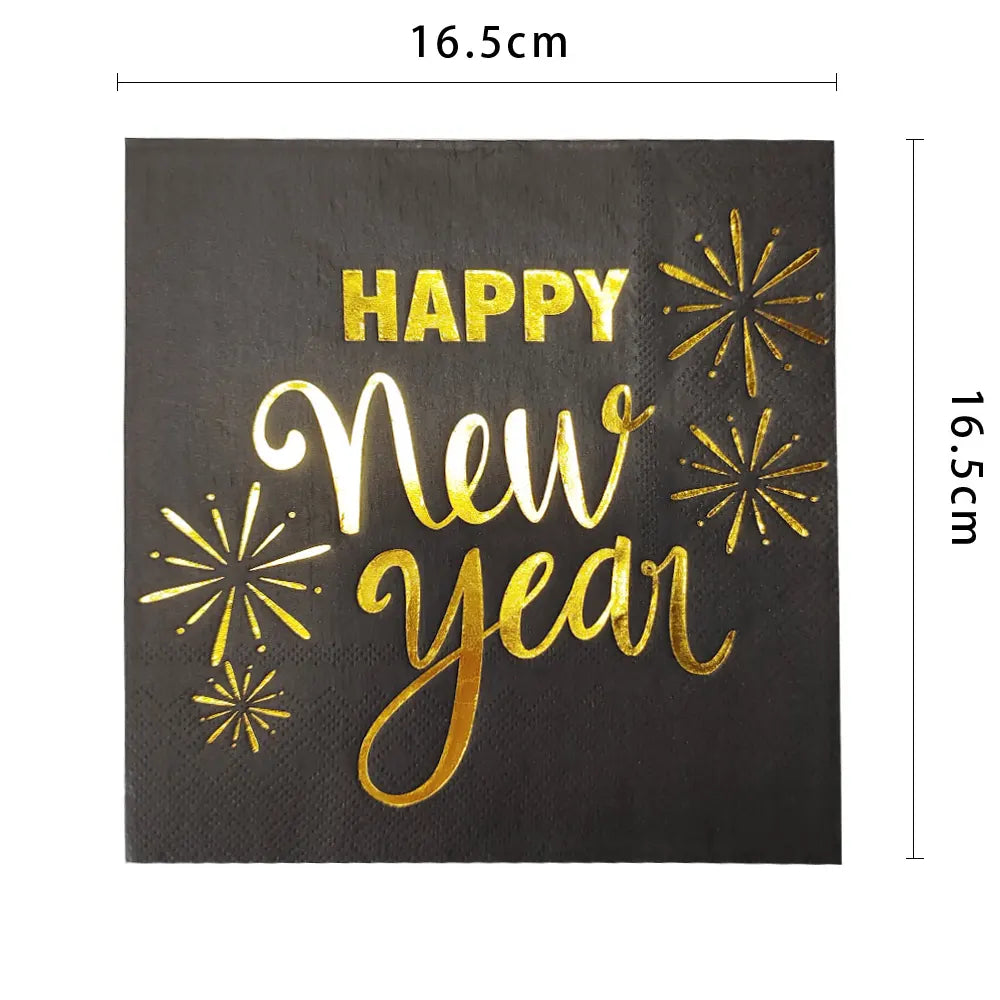 Lot de 16 serviettes papier Happy New Year doré et noir - vue 6