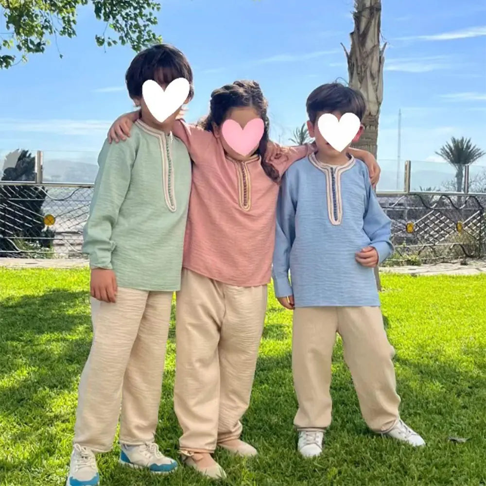 Mami Cami Jabadour Deux Pièces pour Filles en Lin - Rose & Beige