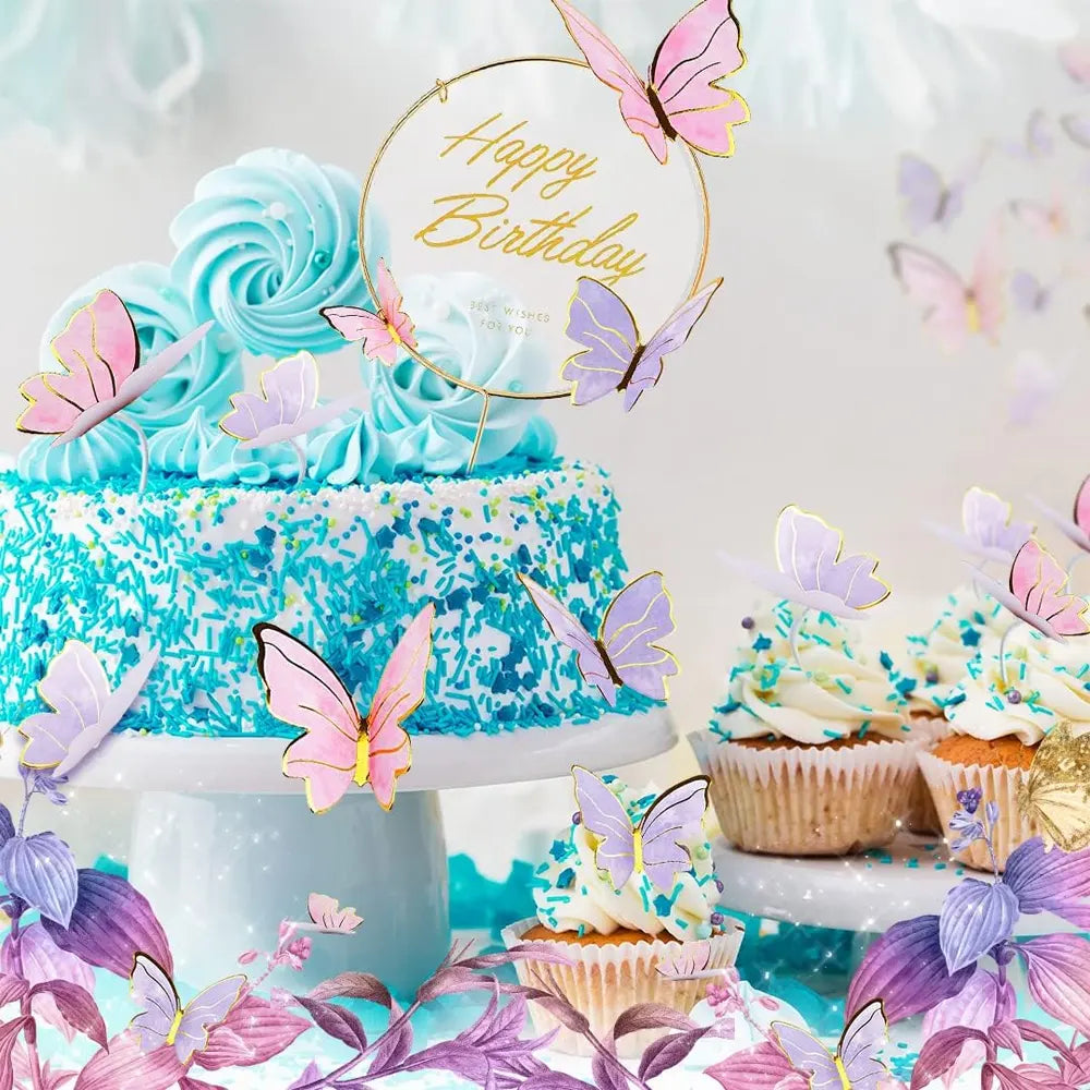 Cake Topper Happy Birthday avec Papillons Décoration Gâteau - Dorée